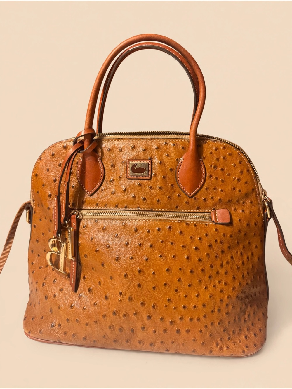 Dooney & Bourke Cognac Ostrich-Embossed Leather Satchel in Very Good Condition